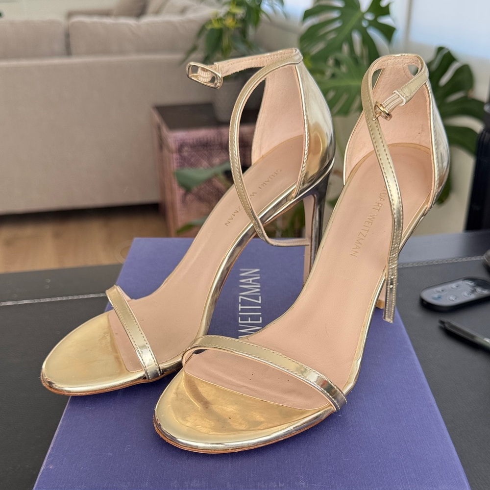 Stuart Weitzman Metallic Gold Ankle Strap Heels